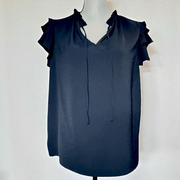 Adrianna Papell Women’s Black Flutter Short Sleeve Blouse Notch Neck Top Size L - Picture 1 of 9